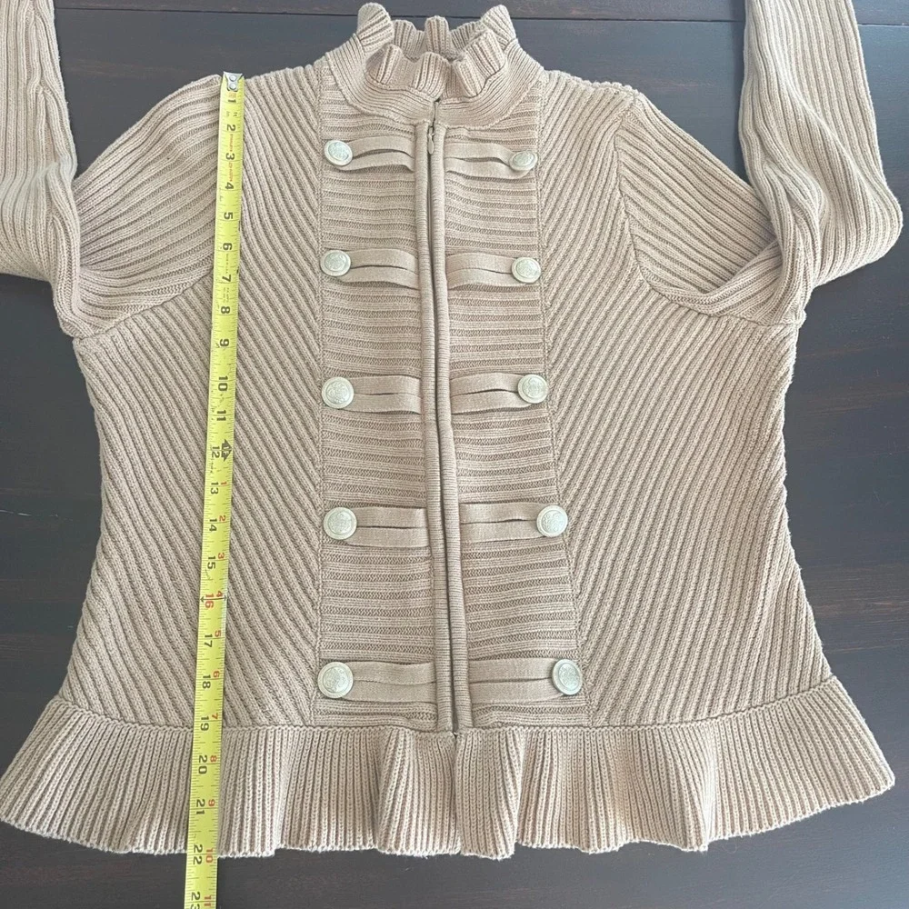 ROAMANS Womens Military Style Cardigan Sweater Beige Ruffle Collar Buttons‎